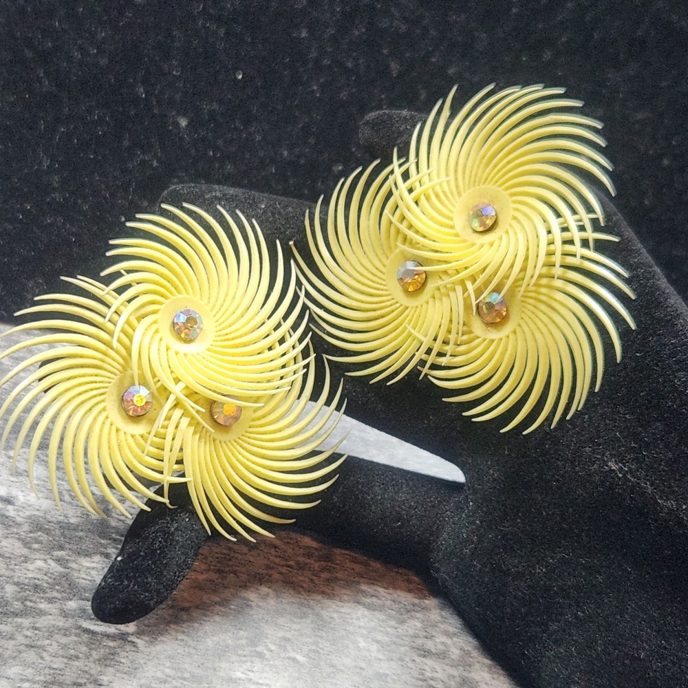 Vintage 1950s Yellow Celluloid Sunburst Clip On Earrings AB Rhinestone Swirl 2"